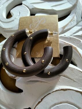 Wooden Hoop Earrings with Gold Stud Accents